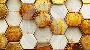 Gold and White Hexagonal Pattern with Distressed Texture for Modern Design Elements