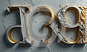 A gold and white letter is on a wall.