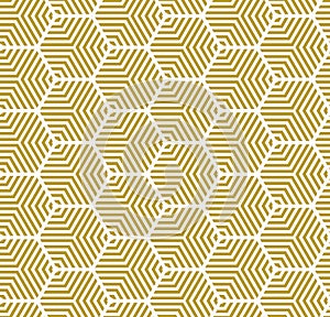 Gold on white multi hexagonal line pattern seamless repeat background