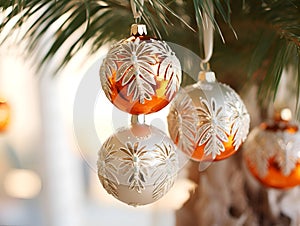 Gold and white shiny Christmas decorations hanging on a palm tree. Christmas baubles over palm tree background. Happy holidays and