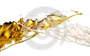 Gold and white splashes over white background. 3d render
