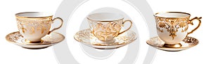 Gold and white teacup and saucer plate collection - premium pen tool PNG transparent background cutout.