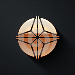 Gold Wind rose icon isolated on black background. Compass icon for travel. Navigation design. Long shadow style. Vector