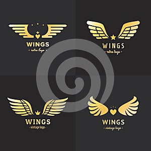 Gold wings logo vector set. Vintage hipster design. Part four.