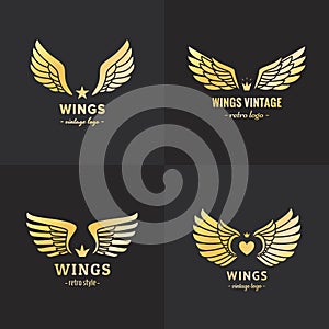 Gold wings logo vector set. Vintage hipster design. Part one.