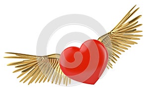 Gold wings and red heart 3d illustration.