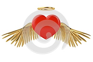 Gold wings and red heart 3d illustration.