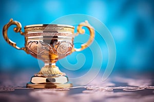 Gold winner cup on blue background. Golden champion cup, trophy for the winner, award, victory, first place of competition,