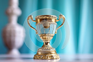 Gold winner cup on blue background. Golden champion cup, trophy for the winner, award, victory, first place of competition,