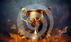 Gold winner cup on orange autumn background. Golden champion cup, trophy for the winner, award, victory, first place of