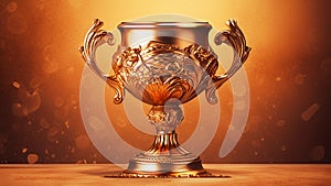 Gold winner cup on orange autumn background. Golden champion cup, trophy for the winner, award, victory, first place of