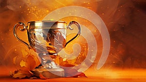 Gold winner cup on orange autumn background. Golden champion cup, trophy for the winner, award, victory, first place of