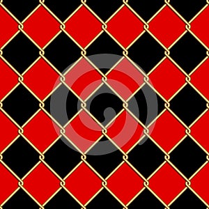 Gold wire grid seamless pattern on red and black rhomboids background