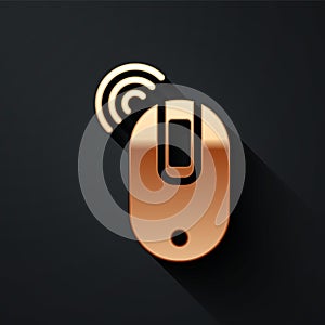 Gold Wireless computer mouse icon isolated on black background. Optical with wheel symbol. Long shadow style. Vector