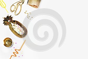 Gold woman items on table. Feminine scene, glamour style. White background mock up. Flat lay, party desk. Table view, workspace