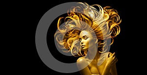 Gold Woman skin and hair, Beauty model girl with Golden make up, Long hair on black background. Gold glowing skin