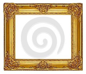 Gold wooden picture frame with carved floral ornament, isolated