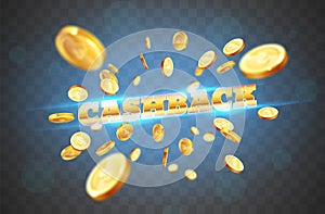 The gold word Cashback, amid the explosion of coins.