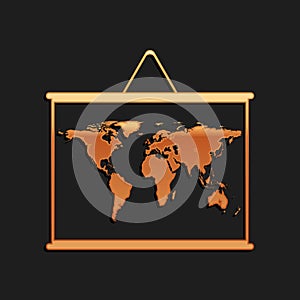 Gold World map on a school blackboard icon isolated on black background. Drawing of map on chalkboard. Long shadow style