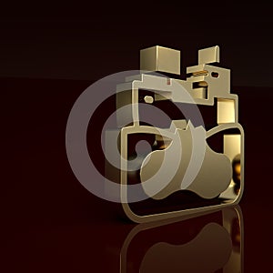 Gold Wrecked oil tanker ship icon isolated on brown background. Oil spill accident. Crash tanker. Pollution Environment