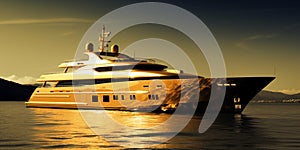 Gold yacht. Golden super yacht sailing along the coast. Millionaire boat.