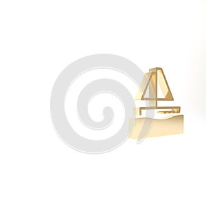 Gold Yacht sailboat or sailing ship icon isolated on white background. Sail boat marine cruise travel. 3d illustration