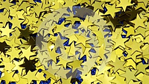 Gold yellow confetti shines at different angles, shake, throw off fallen stars of classic blue glitter background