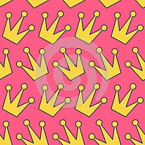 Gold yellow contour crown icon. King, queen, princess accessory. Seamless Pattern Wrapping paper, textile template. Pink