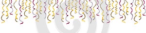 Gold yellow magenta confetti ribbons horizontal banner for birthday, Purim celebration design. Watercolor illustration
