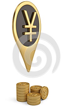 Gold Yen pin icon and coin stacks on white backgroun.3D illustration.