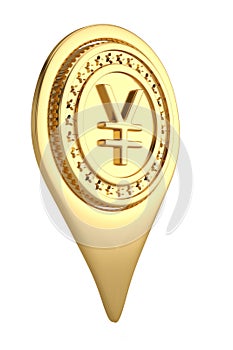 Gold Yen pin icon on white backgroun.3D illustration.