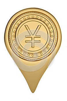 Gold Yen pin icon on white backgroun.3D illustration.