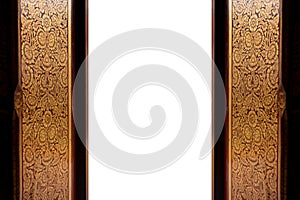 Golde and red thai art Culture door are open in the temple isolate on white background