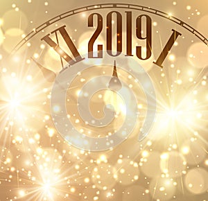 Golden 2019 New Year background with clock.