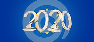 Golden 2020 bold letters in front of flag of Europe 3d-illustration