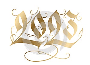 Golden 2023 hand writing for the new year greeting card. Calligraphic numbers in gothic style. Hand-drawn vector design