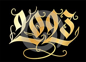 Golden 2023 hand writing for the new year greeting card. Calligraphic numbers in gothic style. Hand-drawn vector design