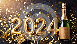 Golden 2024 new year numbers with confetti and champagne bottle