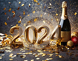 Golden 2024 new year numbers with confetti and champagne bottle