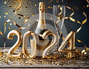 Golden 2024 new year numbers with confetti and champagne bottle