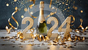 Golden 2024 new year numbers with confetti and champagne bottle