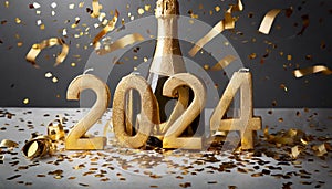 Golden 2024 new year numbers with confetti and champagne bottle