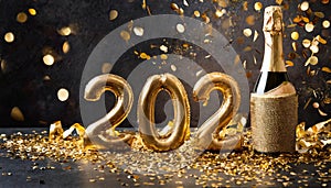 Golden 2024 new year numbers with confetti and champagne bottle