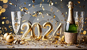 Golden 2024 new year numbers with confetti and champagne bottle