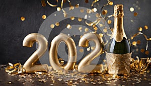 Golden 2024 new year numbers with confetti and champagne bottle