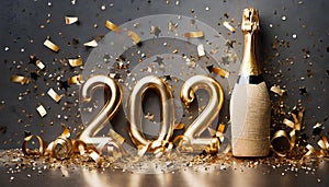 Golden 2024 new year numbers with confetti and champagne bottle