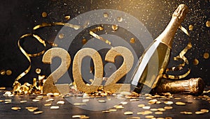 Golden 2024 new year numbers with confetti and champagne bottle