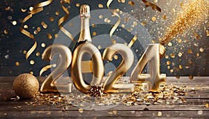 Golden 2024 new year numbers with confetti and champagne bottle