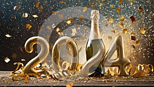 Golden 2024 new year numbers with confetti and champagne bottle