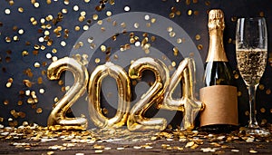 Golden 2024 new year numbers with confetti and champagne bottle